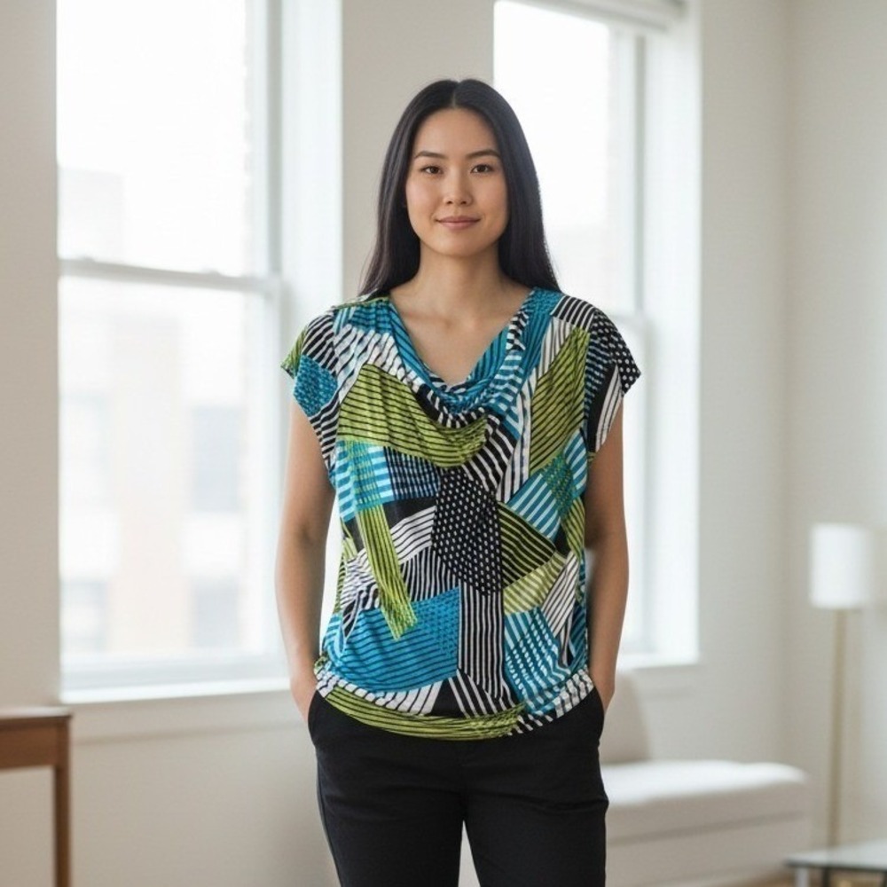 Apt. 9 Womens XL Cowl Neck Blouse Geometric Print Blue Green Rayon Top